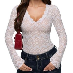 ReoRia Lace Patterned Long Sleeve Top - White and Cream